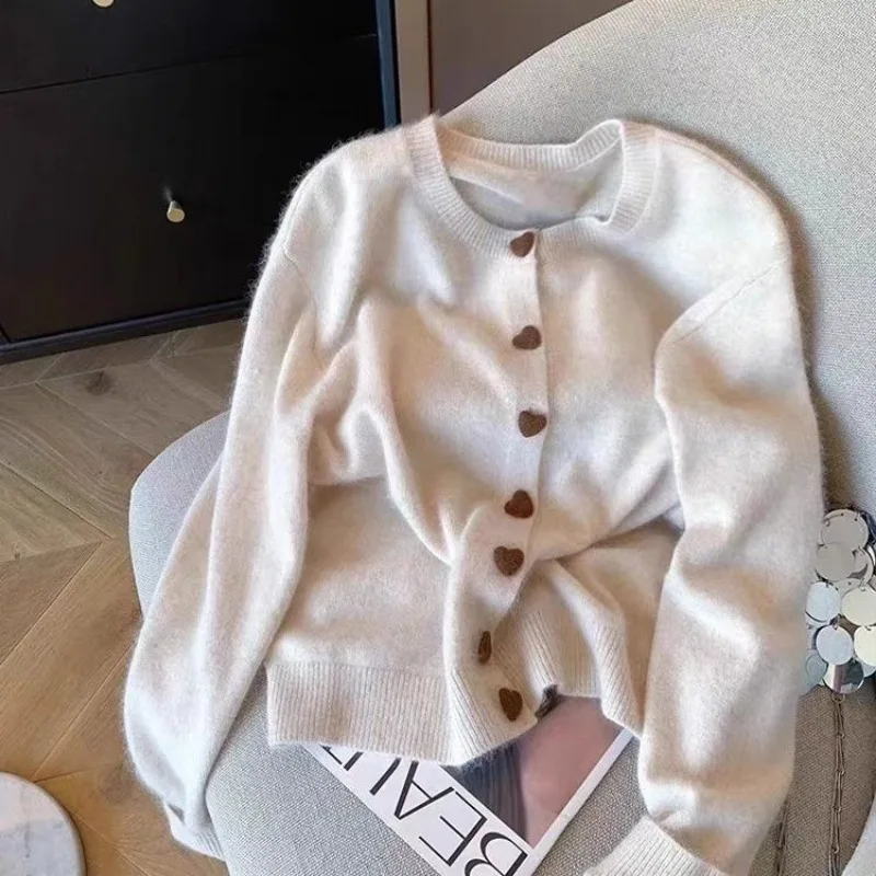 

Lazy Style Khaki Love Button Knitted Cardigan for Women in Autumn and Winter Loose and Versatile Soft Waxy Sweater