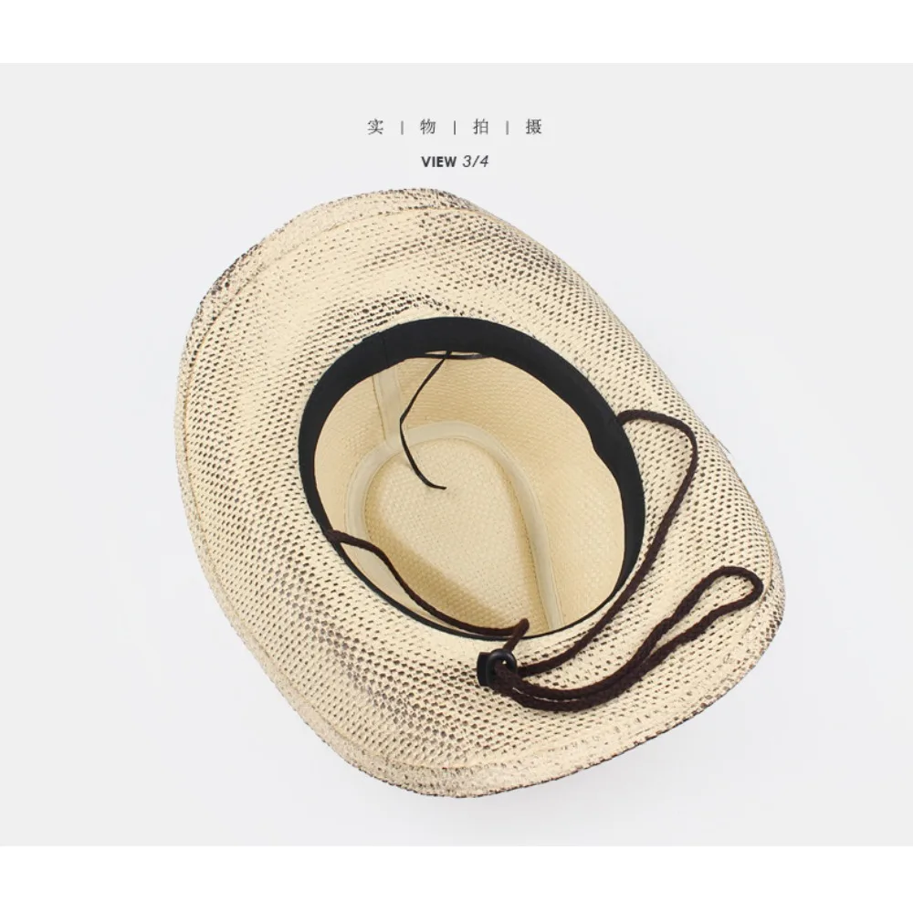 Unisex Spring Summer Outdoor Straw Hat, European American Western Cowboy Cap for Vacation Sun Protection