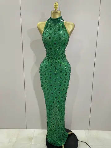 2025 New Shiny Diamond Sequins Green Sexy Mesh Long Dress Women Celebrate Evening Prom Birthday Party Nightclub Stage Costume