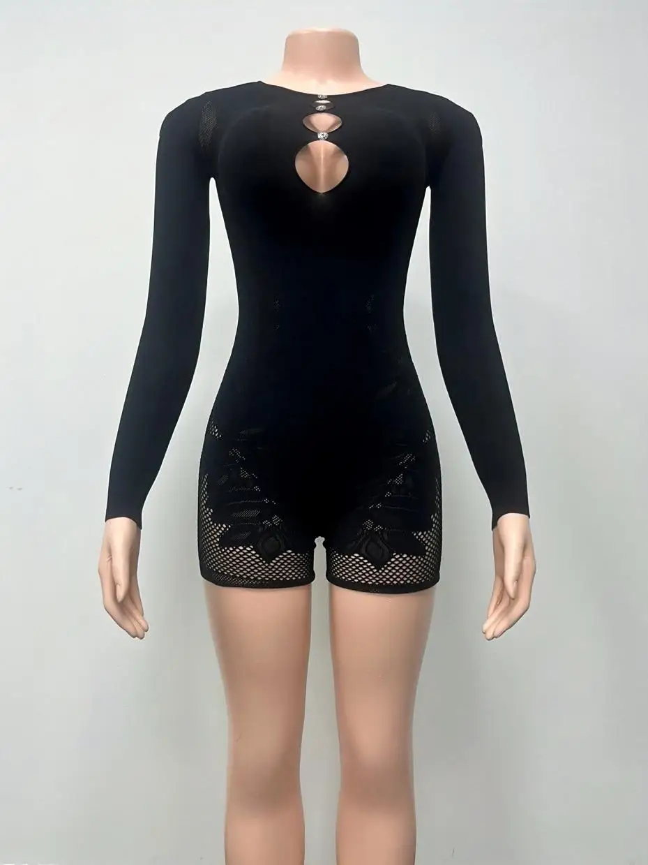 Weird Puss Hollow Rhinestone женский сексуальный комбинезон кокетка Hottie Trend облегающий полуночный клубный вечерние эластичный комбинезон с длинными рукавами