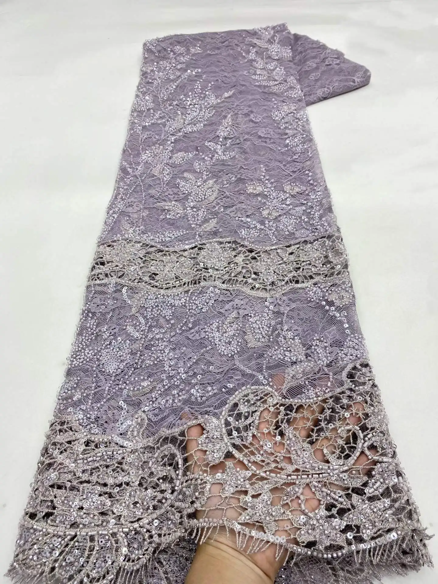 

Fashion African Luxury Beaded Tulle Lace Fabric French Handmade Sequins Embroidery Lace Fabric For Women Christmas Party Dresses