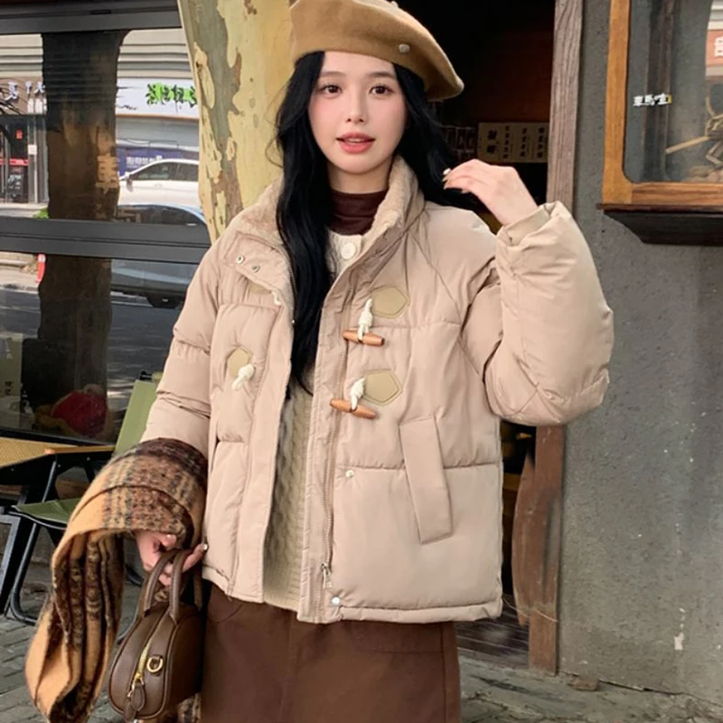 Rimocy Sweet Pink Cropped Parkas Women Warm Fur Stand Collar Cotton Padded Jacket Woman Korean Horn Buckle Bread Puffer Coats