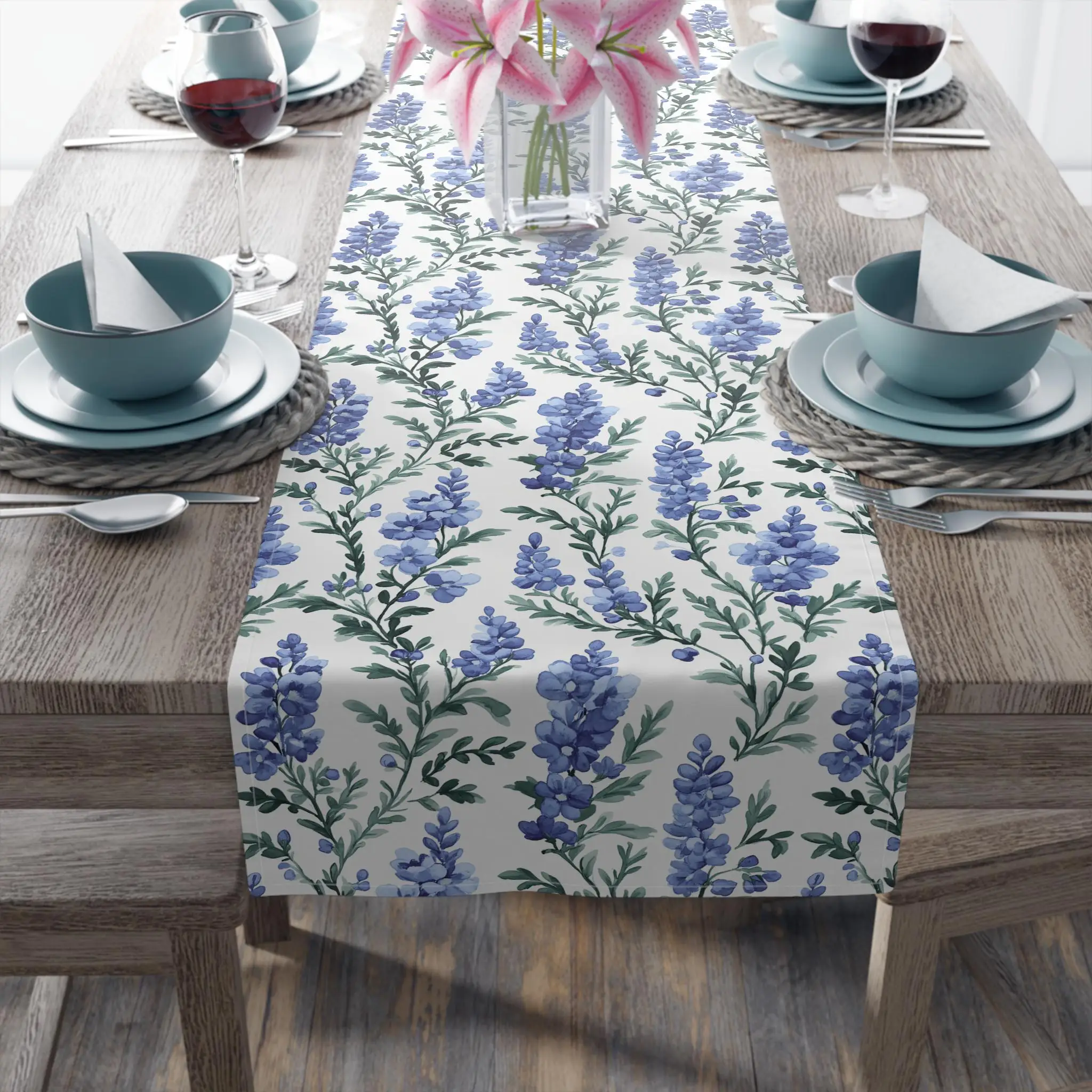 Bluebonnet Floral Table Runner, Vintage Spring Country Farmhouse Wildflower Kitchen Dining Room Table Decor Party Dresser Scarf