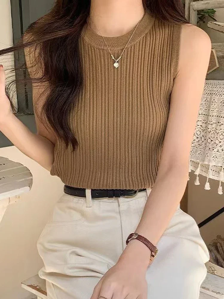 Blusa sin mangas, camisa para mujer, chaleco de punto acanalado con cuello redondo, chaleco liso, Tops de verano para mujer, Tops informales básicos, traje