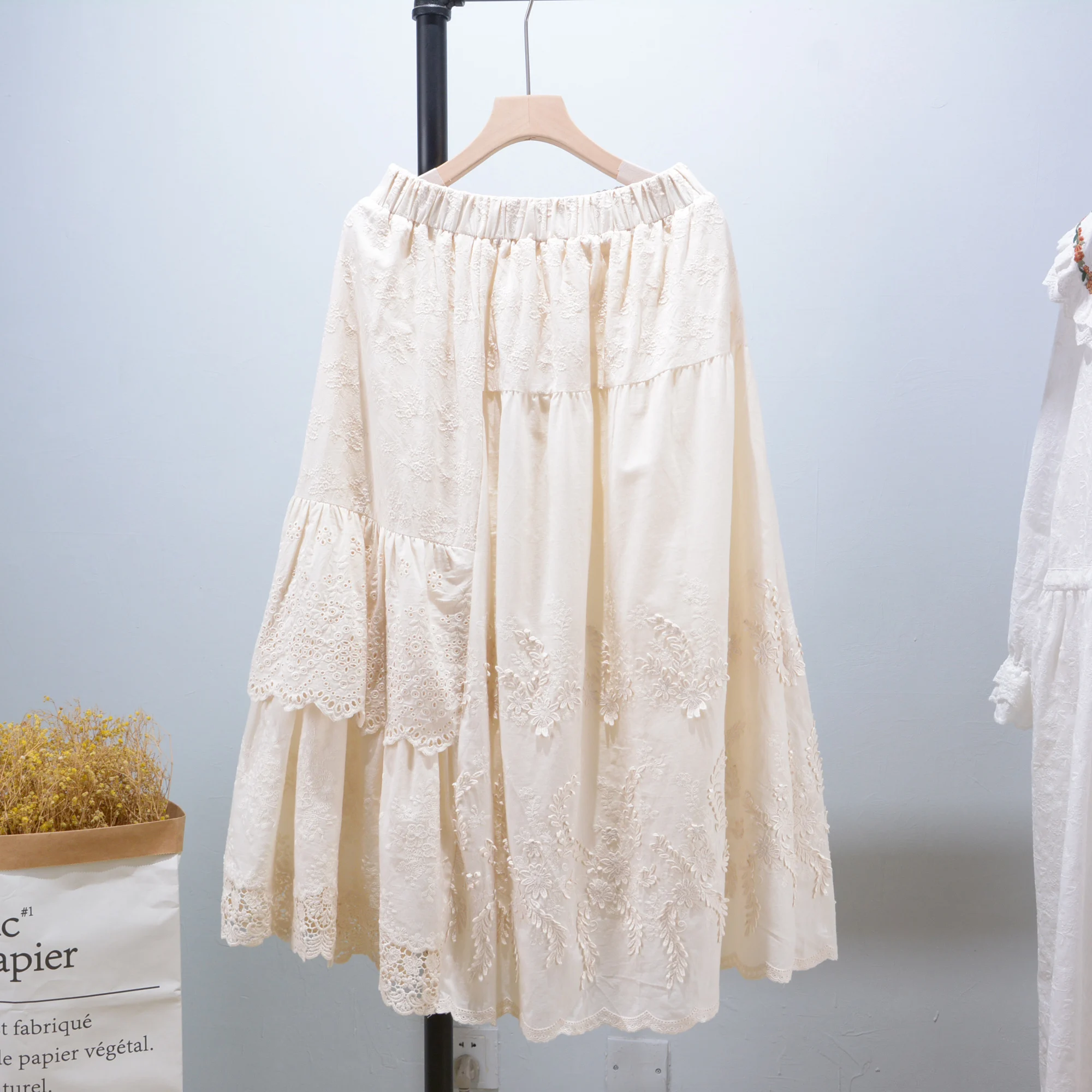 

Весенне-летняя хлопковая кружевная юбка с широким подолом, вышивкой, ажурными 3D цветами и вставками, для девочек, с высокой талией, А-силуэт