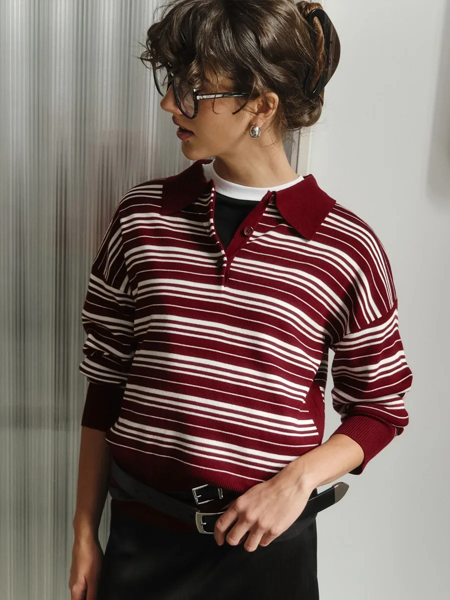 

2025 New Women's Vintage Contrast Striped Knitted Polo Collar T Shirt Spring Summer Long Sleeve Fashion Retro Casual Trend Top
