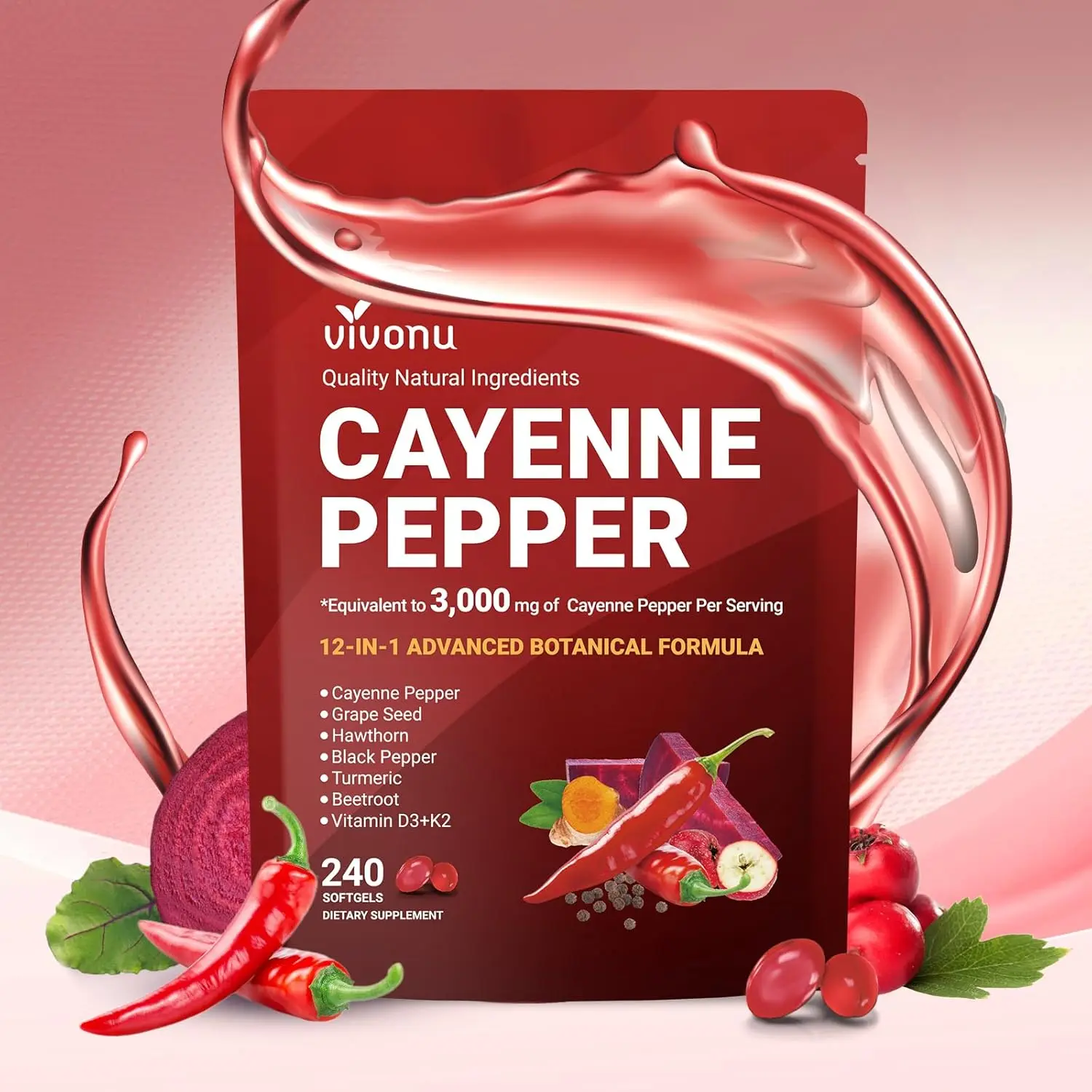 VivoNu Cayenne Pepper Softgels Supplement, Supports Leg Vein, Heart and Blood Vessel Health, with Vitamin E D3+K2 and Extracts of Grape Seed, Hawthorn, Beetroot, Berberine (1 Bag)