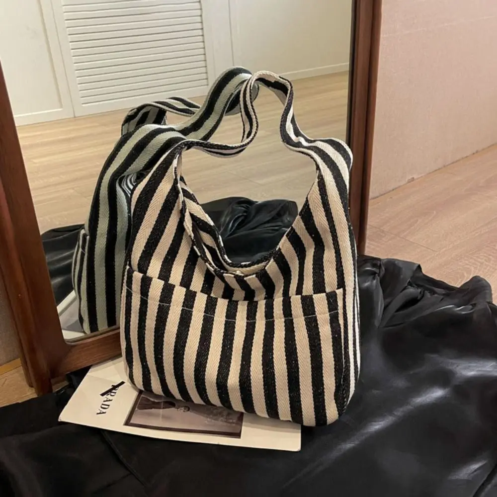 Multi-function Women Handbag Fashion Large-capacity Canvas Bag Makeup Bags Striped Small Fresh Handbag Korean Style Bag