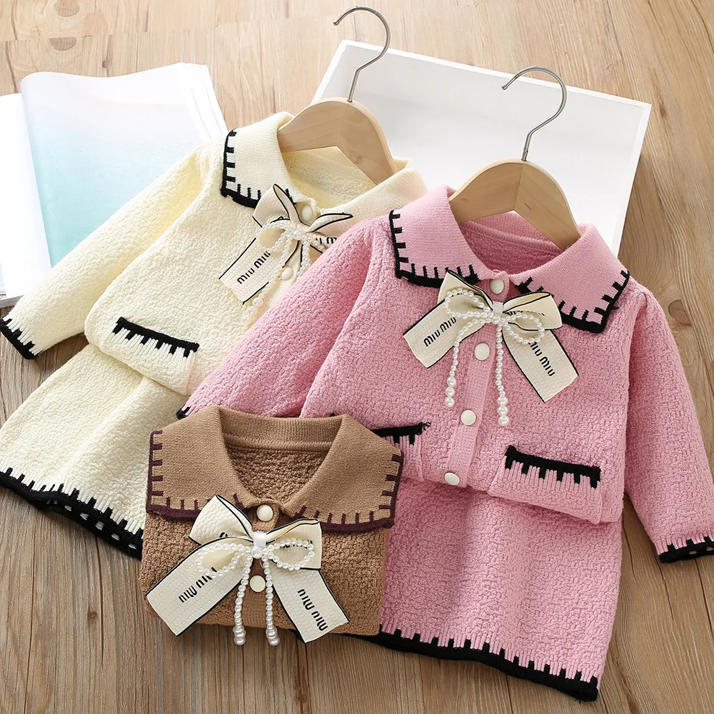 

Girls Dress Clothes Sets Spring Autumn Children Woolen Jersey Sweaters Tops Skirts Princess Suit For Baby Knitted Outfits Kids 6