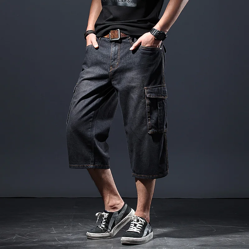 

Men`s Motorcycle Plain Loose Fit Cropped Work Jeans Multi Pockets Casual Wear Denim Cowboy Cargo Shorts Rider Straight pants