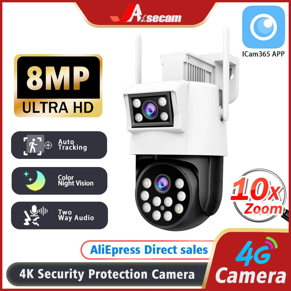 

ICam 365 8MP 10X Zoom PTZ 4G Camera Dual Screen Color Night Vision Outdoor Security Protect IP Camera CCTV Surveillance Camera