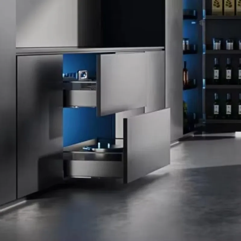 Light luxury aluminum alloy drawer type double-layer kitchen cabinet slow pull-out storage three-sided bowl