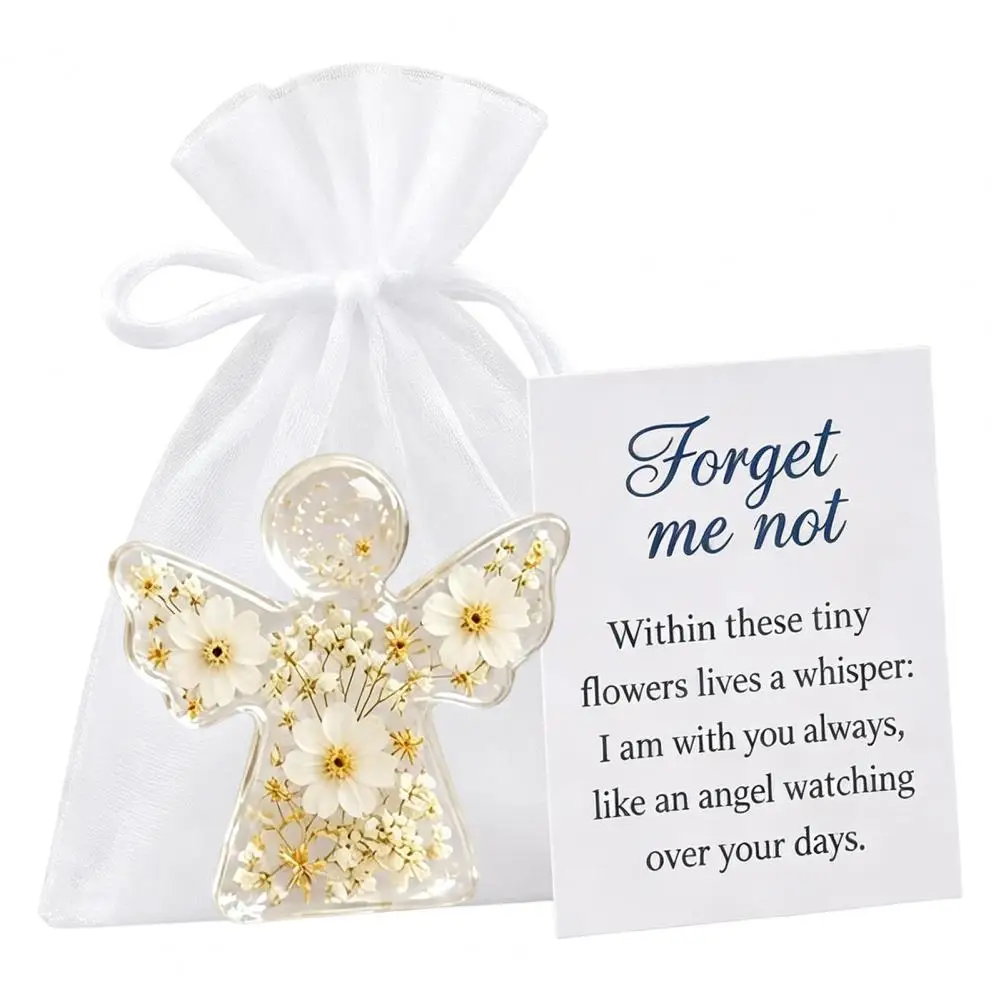 Forget-me-not Angel Ornament Forget Me Not Dried Flower Angel Keepsake Mini Acrylic Pocket Hug Figurine Comfort Gift for Desk