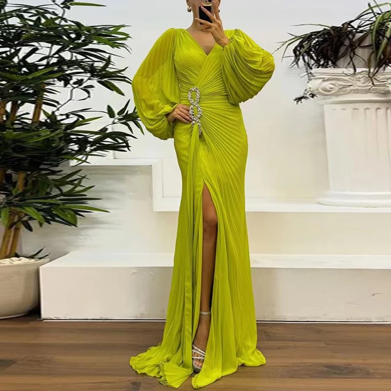 Fashion Banquet Halter Hollow Out Party Dress Women Temperament High Waist Slim Maxi Dress Elegant Sexy Pleated Slit Long Dress