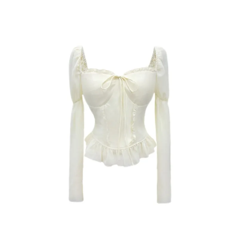 ​ ​ بلوزة نسائية شيفون بأكمام جرس مع حواف مكشكشة وربطة أمامية - قطع علوية بوهيمية من Fairycore لليلة التاريخ، ملابس ضيوف الزفاف