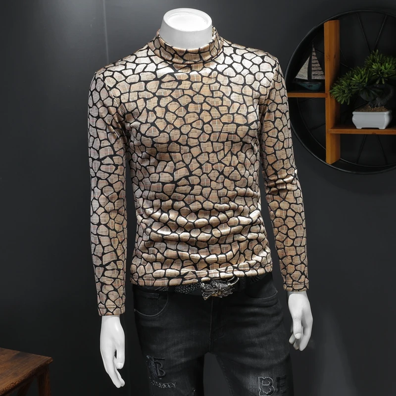 Designer Leopard Men's T Shirt Homme Long Sleeve Casual Slim Fit Winter Thick High Quality Velvet Easy Care Turtleneck Camisetas