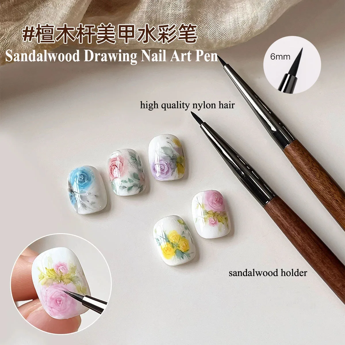 Pincel profissional de sândalo para gel de unhas, caneta para pintura UV, pincel para desenho de arte em unhas, ferramenta de manicure para salão