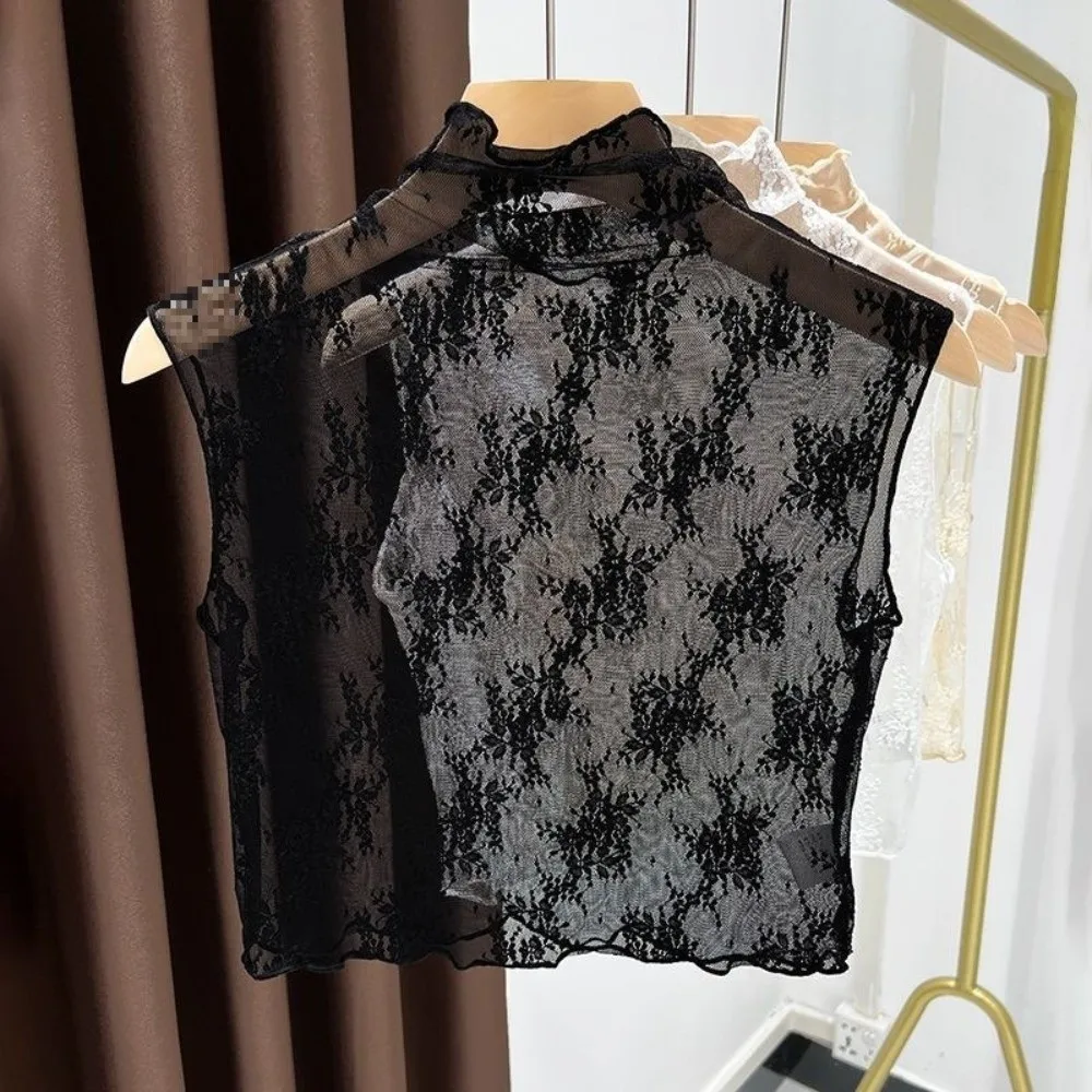 Kerah Palsu Elegan Berbahan Renda Motif Bunga, Atasan Tipis Berbahan Jaring, Lapisan Dasar Chic Lengan Pendek, Kerah Lepas Pasang untuk Musim Dingin