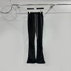 High Street Women's Cotton Spring/Summer Dark Wind Eating Soil Grey Drawstring Fold Slim and Slim Flare Long Pants