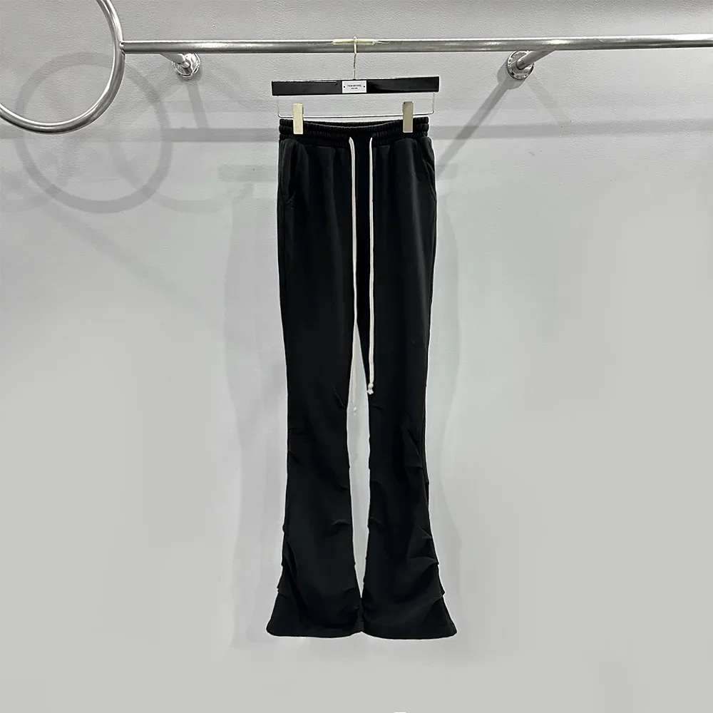 High Street Women's Cotton Spring/Summer Dark Wind Eating Soil Grey Drawstring Fold Slim and Slim Flare Long Pants