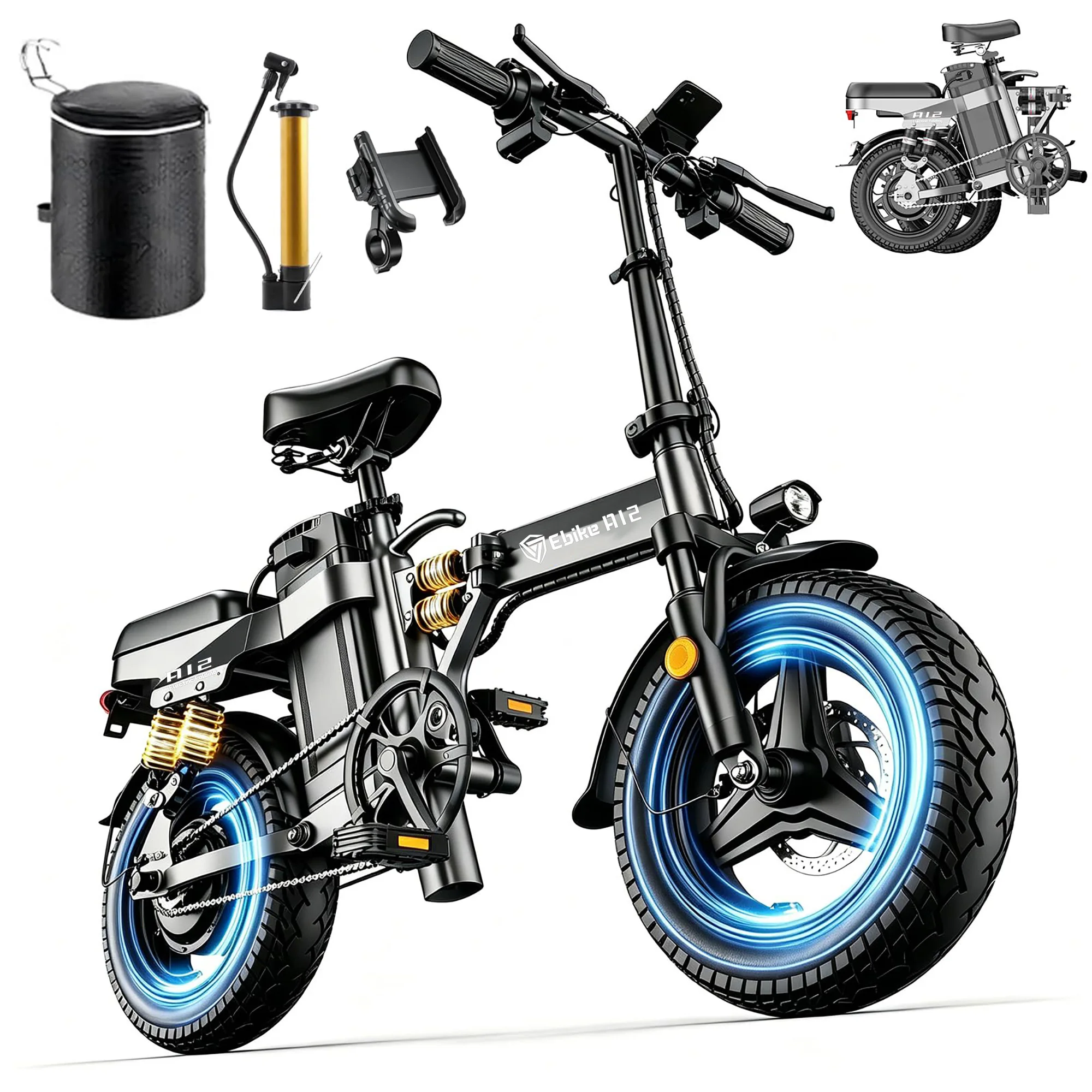 DTTZH A12S Folding Electric Bike for Adults, 14" Commuter E-Bike, 2000W Peak Motor, 52V 25Ah Removable Battery, 80 Miles Range, Remote Start, UL 2849 Certified image 1