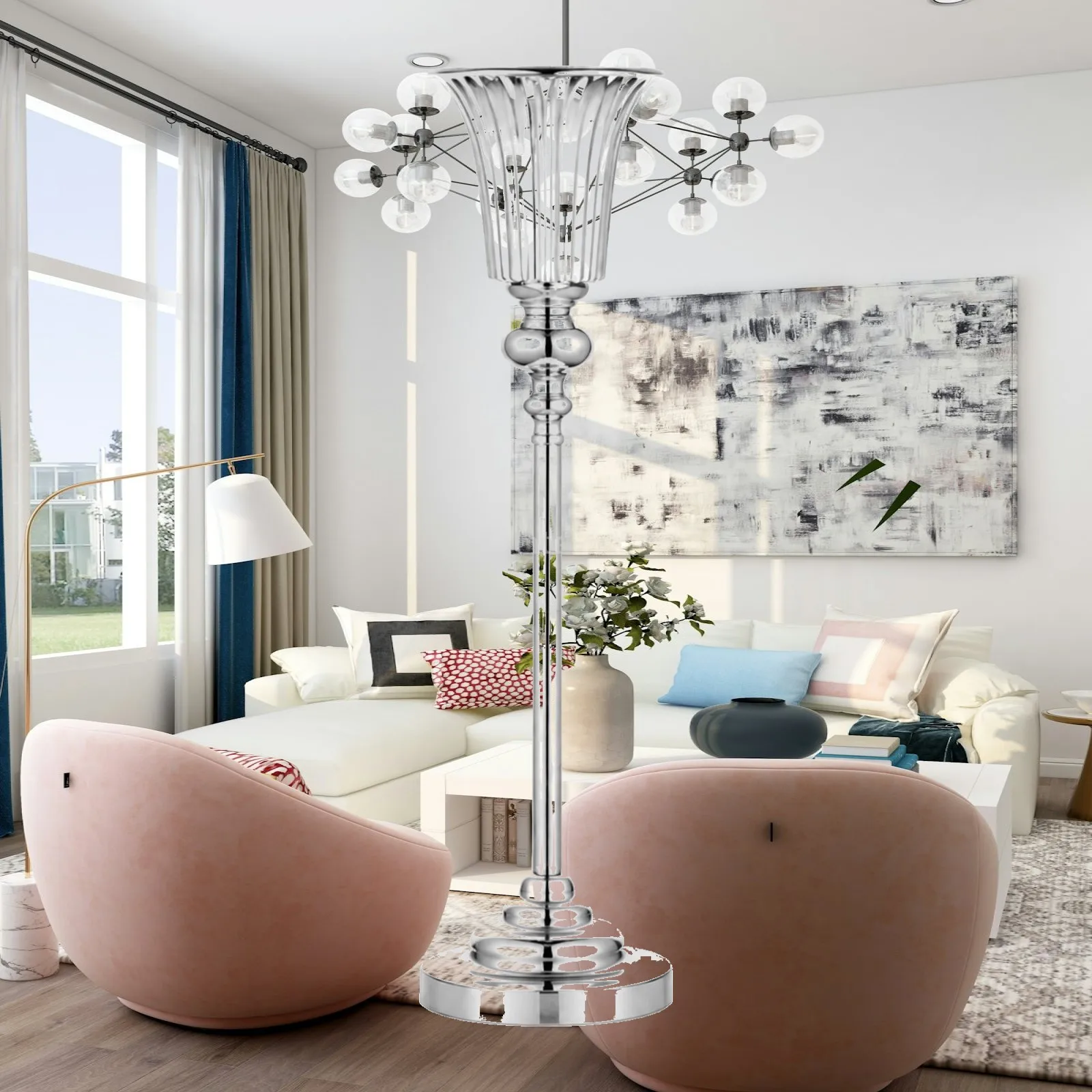 Metal Floral Centerpiece Stand with Fluted Vase Holder Silver Pedestal Design for Table Lobby Wedding Aisle and Banquet Display