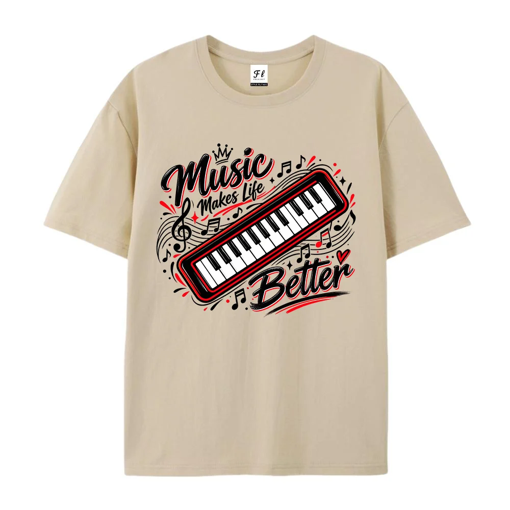 Women Music Makes Life Better Graphic T Shirt Keyboard Music Lover Print Casual Short Sleeve Top Vintage Streetwear Tee ﻿