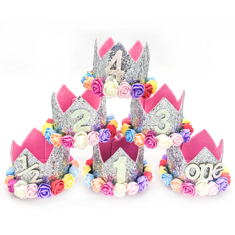 Kinder Geburtstag Crown Silber Glitter Pulver Imitation Blume Hut Baby Ein Jahr Alt 1st Geburtstag Party Dekoration Baby Dusche