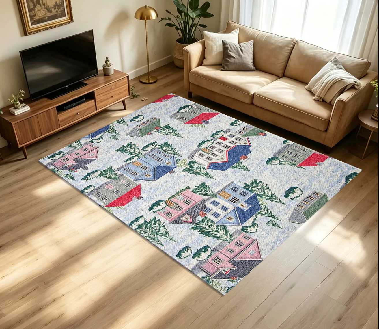 Winter Snow Town House Landscape Carpet Flooring Nordic Cottage Pine Tree Printed Floor Rug for Household Room Home Decoration