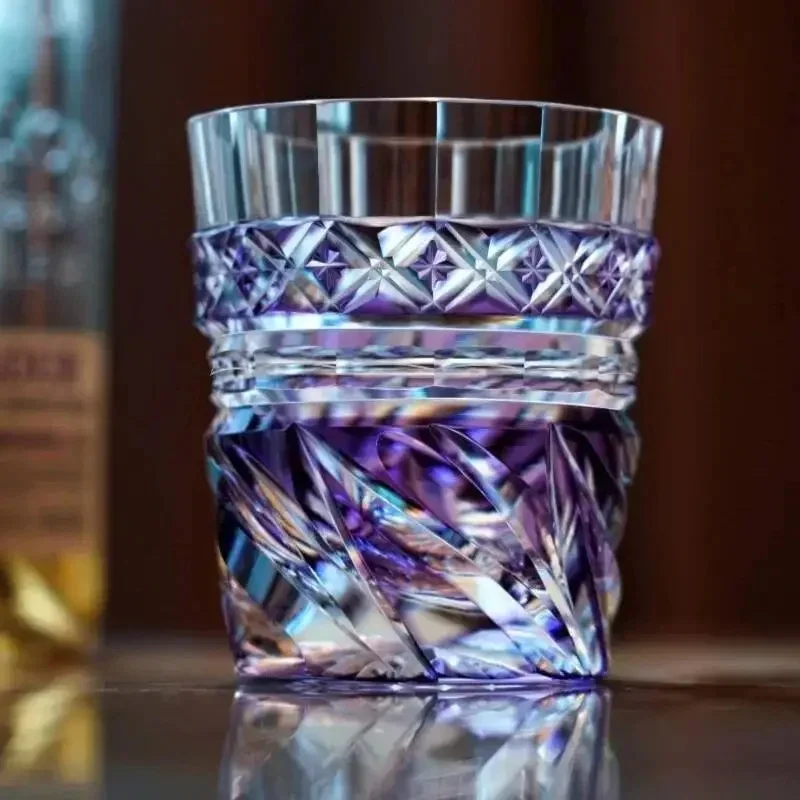 Japan Hand Carve Edo Kiriko Violet Crystal Water Drinking Glass Whiskey Snifter Brandy Cup Whisky Liquor Glasses Wooden Gift Box