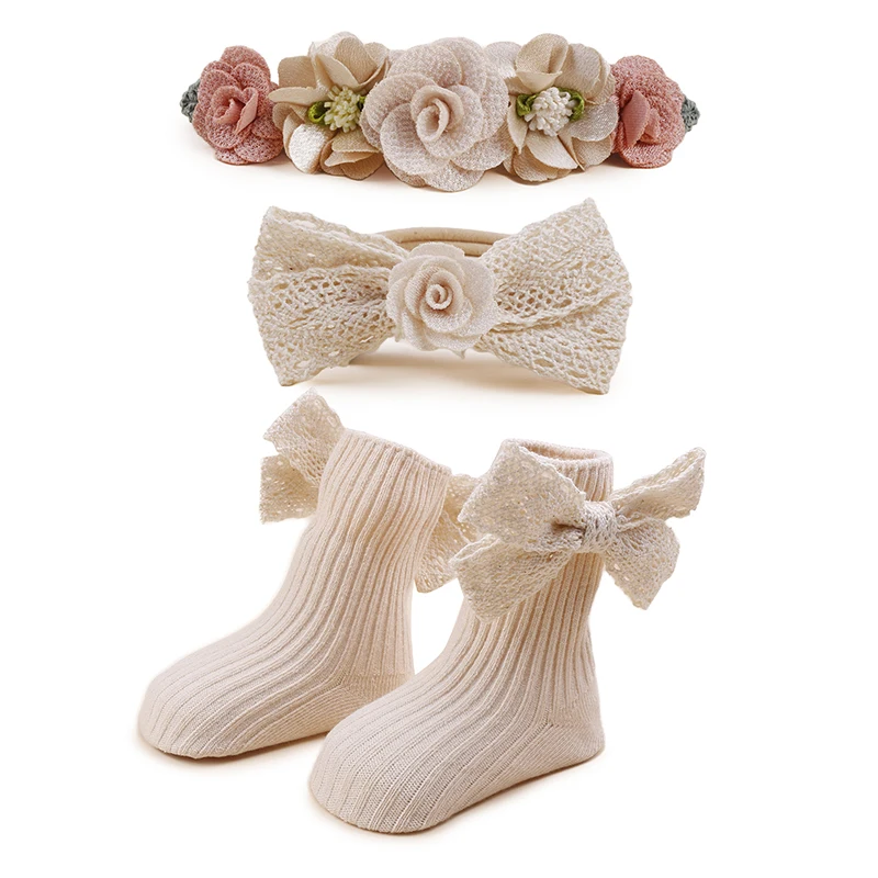 Four Seasons Flower Print Girl Nylon Headband Socks Set  for Birthday Party Art Photo Wedding Flower Girl Daily Matching 3pcs