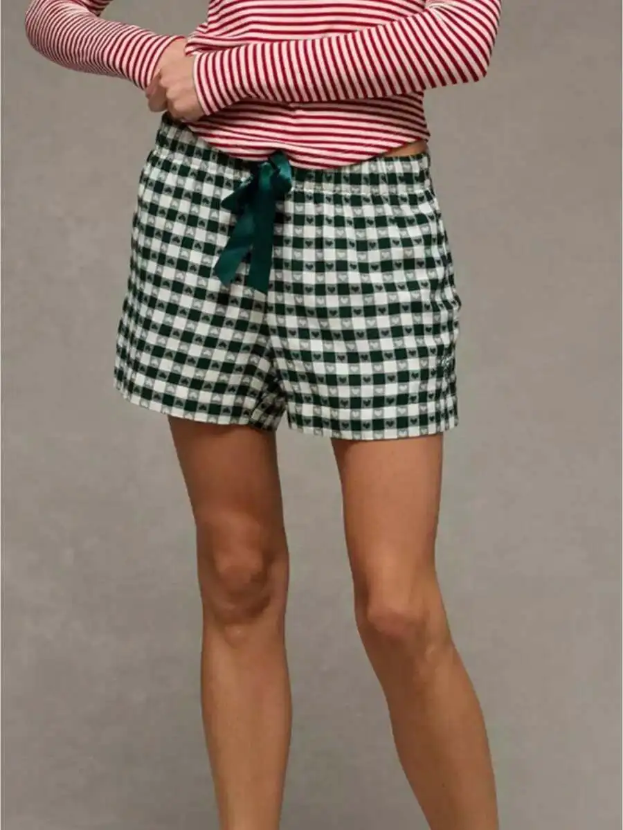 

Womens Heart Plaid Print Lounge Shorts Elastic Waist Tie Front Wide Leg Sleepwear Pajama Bottoms