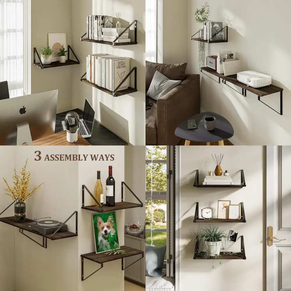 

Rustic Wooden Floating Shelf - Compact Bookcase for Home or Office with Metal Support