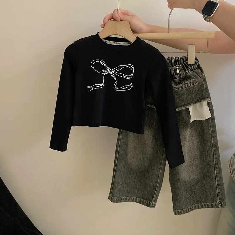 Kids Pants Girl Tide Street Autumn New Bow Long Sleeves Tops Design Sense Jeans Tide 2024 Fashion 2024 Round Collar