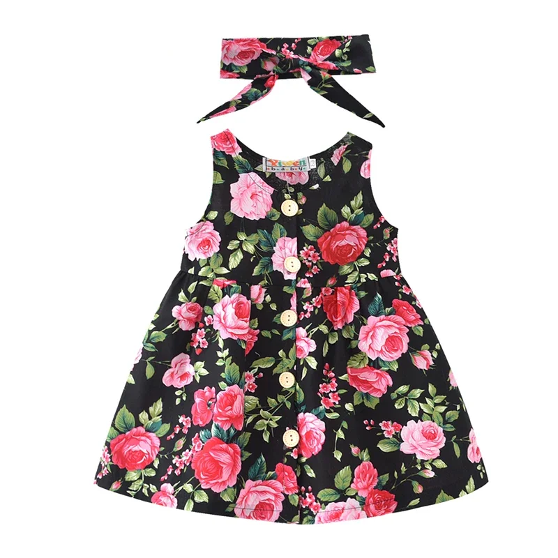 

Baby Girls Summer Clothing Infant Flower Print Vest Dress Korean Style Cute Princess Party Dresses Headband 2Pcs Toddler Outfits