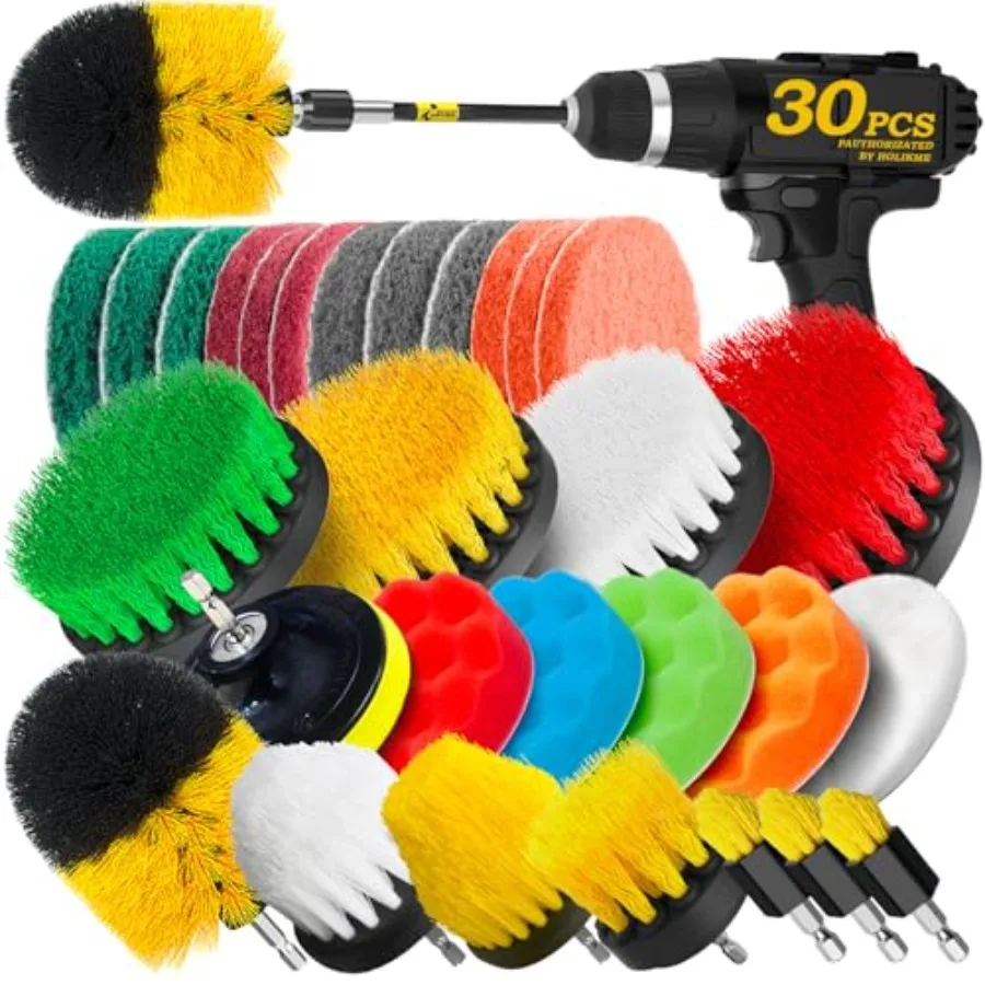 

30Pack Drill Brush Attachments Set, Scrub Pads and Sponge, Power Scrubber Brush with Extend Long Attachment All Purpose Clean f