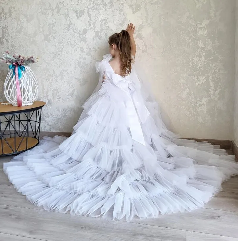 Vestido branco da flor com arco em camadas, trem longo, vestido de princesa para casamento, festa de aniversário, baile, Natal, criança, tamanho 1-16T, novo