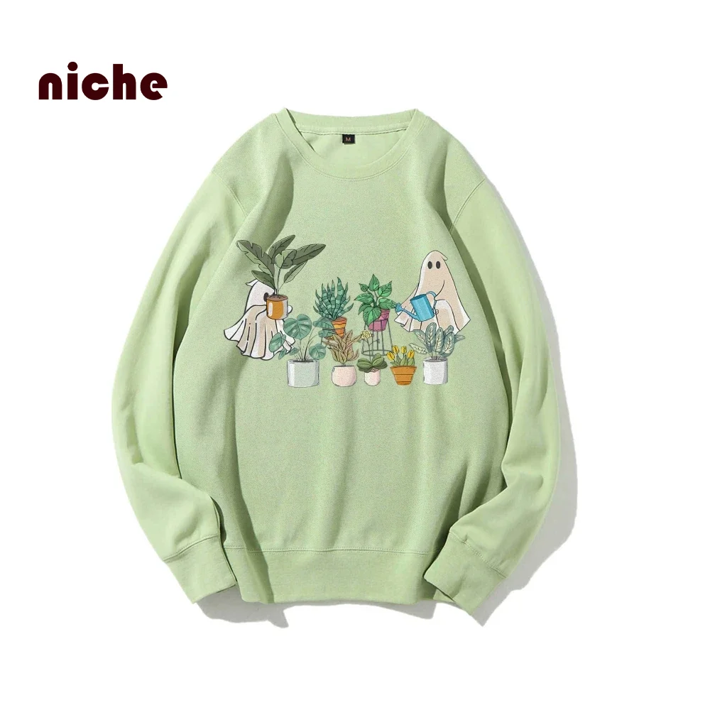 Ghost Potted Plant Flower Print T-Shirt Pure Cotton High Quality Loose Shoulder Crew Neck Pullover Designer New Trend Sweatshirt