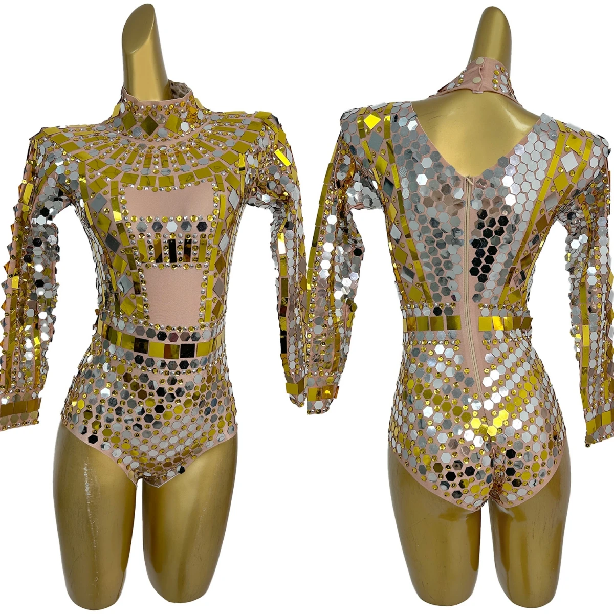 

Long Sleeve Unitard with High Leg Cut Sparkly Sequins Rhinestone Tight Fitting Bodysuit Club gig Stage Dance Show Wear Fangjinqi