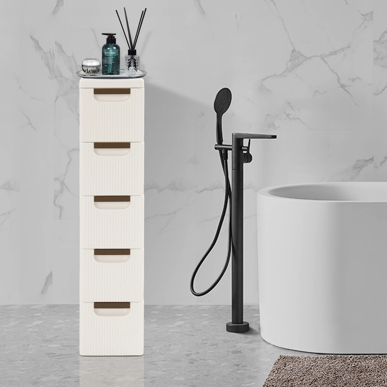 

White PP 5-layer Chest of Drawers 42x19x91cm Storage Cabinet with Universal Wheels and Movable Storage Car