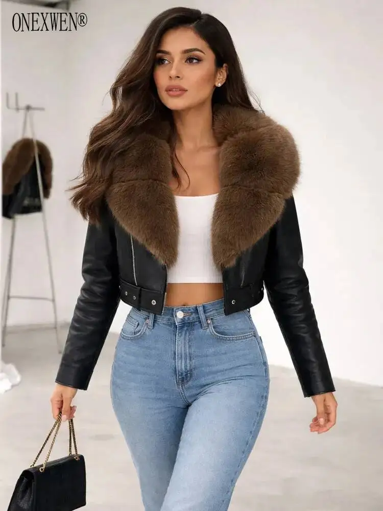 ONEXWEN 2026 Women Black Faux Leather Cropped Jacket Oversized Big Fluffy Fur Lapel Collar Coat Winter Warm Outerwear ZM5408