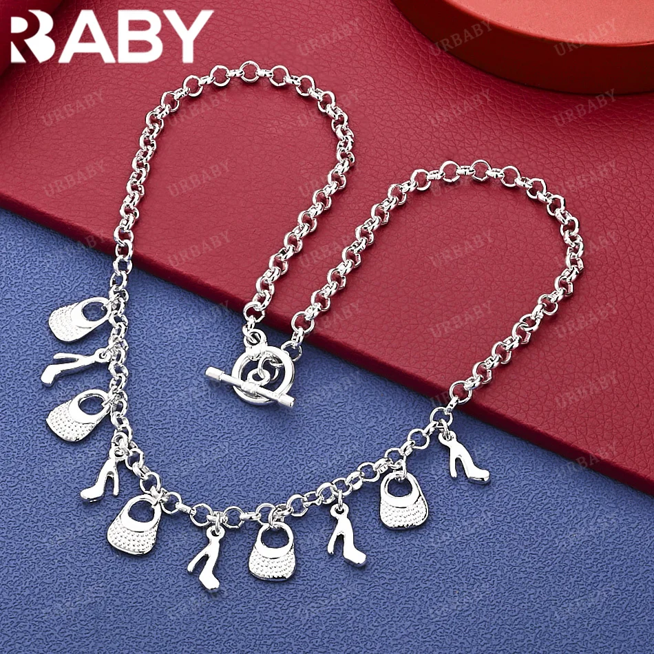 

URBABY 45cm 925 Sterling Silver Handbag High Heel Chain Necklace Fashion Jewelry Noble Grace Unique Part Birthday Gift