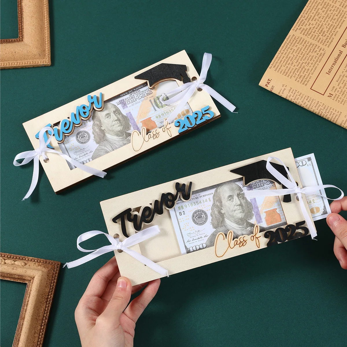 Graduation Decoration Wooden Money Holder Class of 2025 Graduation Wallet Cash Storage Box Photo Frame Graduation Desktop Decor