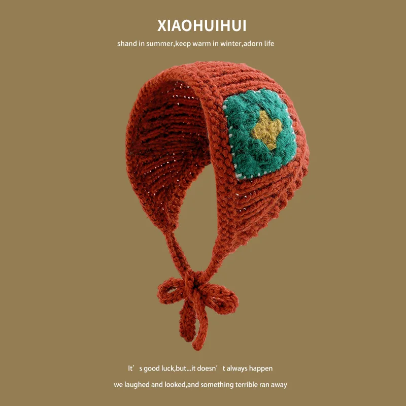 Korea new retro handmade lace-up knitted triangular headscarf women autumn winter warm earmuffs ear protectors wool headband