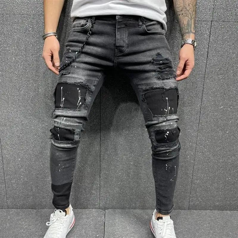 

Men's Printed Jeans Elastic Slim Fit Patchwork Denim Pants mid Waist Long Trousers Summer New Style Cross-Border Jeans