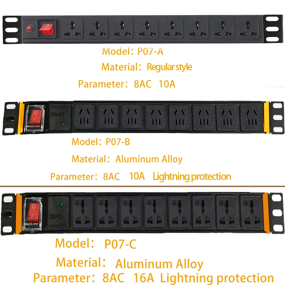 MANLEIKE Power Strip 8 AC Outlets Lightning Protection High-Power Long Socket Aluminium Alloy PDU Cabinet Power Strip 2m Cord