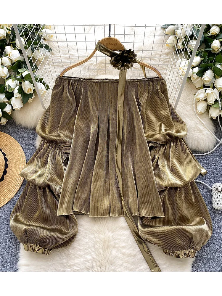 Women Spring Blouse Korean Version Atmosphere Sense One Shoulder Pleated Lantern Sleeves Loose Pleated Metallic Blusa BL074