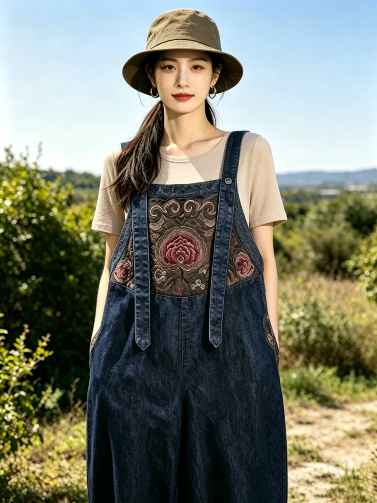 National style jeans overalls Blue cotton linen embroidery Women's cargo Pants Vintage loose casual denim pants High quality