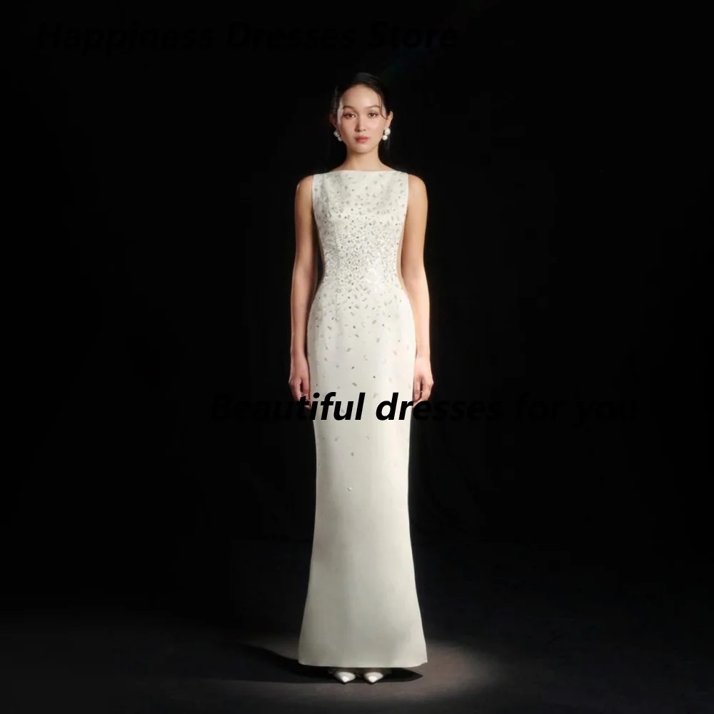 Customized White Sleeveless Bateau Neck Mother Of Bride Dresses Boat Neck Rhinestone Beaded Cutout Side Mermaid Formal Gown