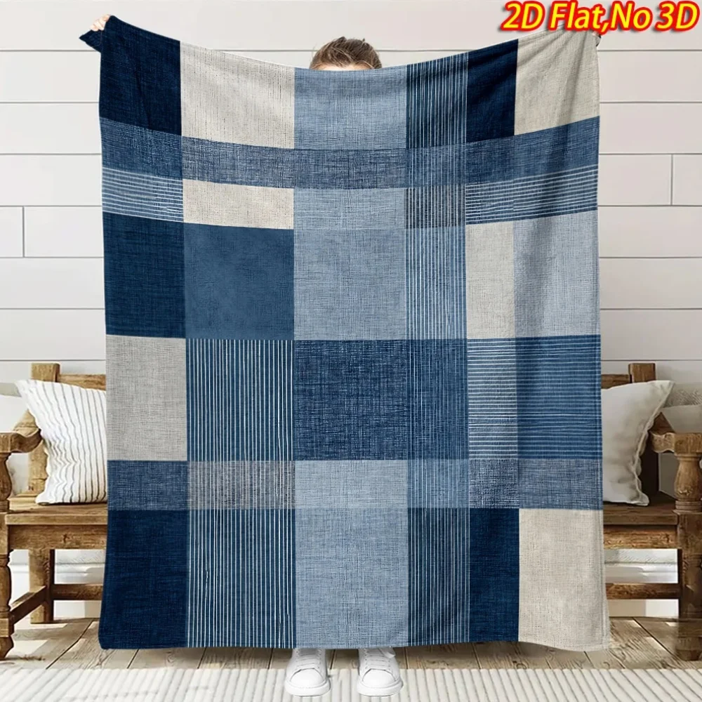 1pc 2D Flat Printing Spring And Summer New Arrival Blue White Checkered Theme Digital Print Blanket, All-Season Use, Casual Thro